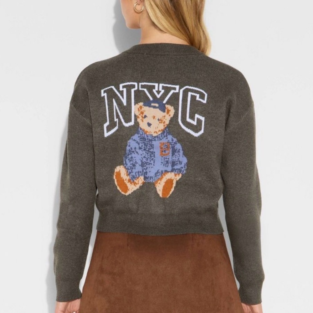 Y2K Dark Academia NYC Bear Cropped Cardigan Preppy Varsity Grayson Threads L A24